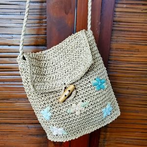 NWOT Crocheted Hemp bag | Embroidered Flowers